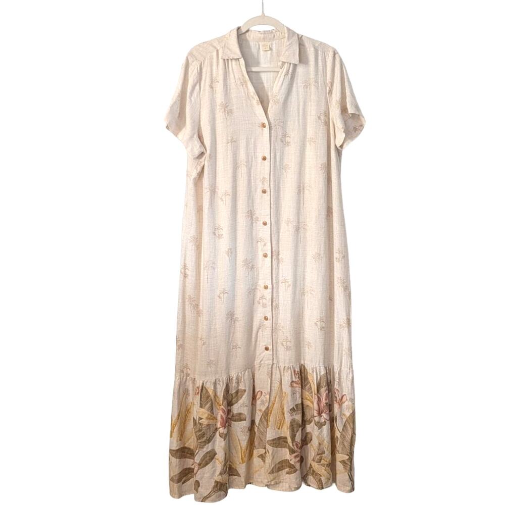 Marfinno Linen Blend Tropical Maxi Dress L Button Front Coastal Resort